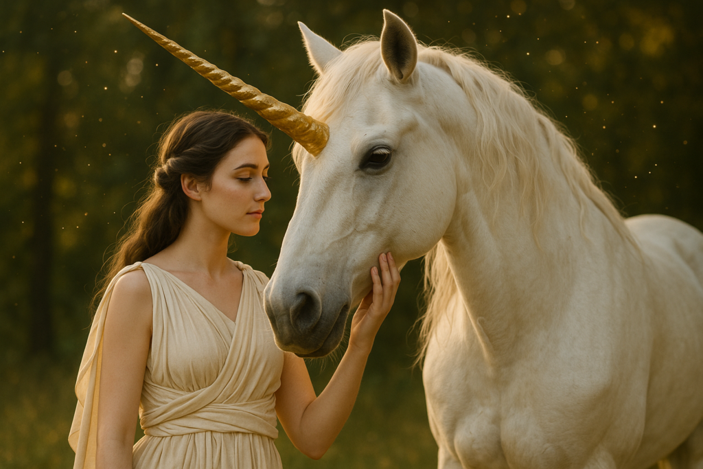 Klassisch gekeidete Frau steht in stiller Kommunikation mit einem Einhorn