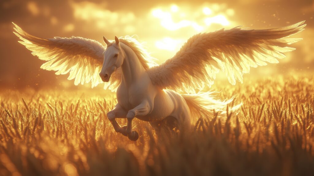 Ein wundervoller Pegasus galoppiert über ein Getreidefeld mit ausgebreiteten Schwingen in goldenem Abendlicht